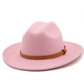 Detailed view of pink wool fedora hat featuring a brown textured leather band buckle - M (56-58cm) / Pink