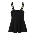 Black sleeveless mini dress featuring gold metallic roses and white pearl floral accents - S / Black