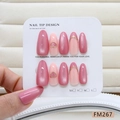 Handmade almond press-on nails with rose pink cat eye effect and gold 3D heart accents - S / Pink Cat Eye 3D Heart (FM267-S)