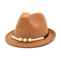 Detail showing the texture and pearl embellishments of a camel felt fedora hat - M (56-58cm) / Camel