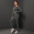 Close-up of seamless yoga set with high-waist leggings and long-sleeve crop top - Dark Gray
