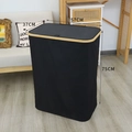 Black Oxford cloth laundry basket with bamboo frame, large 75cm height storage bin - Black XL (Single Lid 3 Bags)