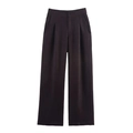 Detail van de donkerbruine linnen broek met hoge taille, wijde pijpen en plooien - XS / Donkerbruine Broek