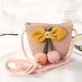 Pink straw bucket bag for girls with large knit cherry floral decor and cotton strap - Pink Pom-pom / Pink