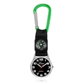 Silver clip-on pocket watch with black dial, nylon strap, and green compass carabiner - Green
