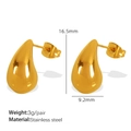 Minimalist 18K gold plated teardrop stud earrings in stainless steel, pair set with dimensions - Gold