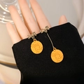 Asymmetric gold bow earrings with orange round bear and flower relief pendants - E4973 Gold Bow Orange Bear
