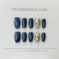 Uñas press-on azul profundo ojo de gato con diamantes champán y purpurina dorada - Extra Pequeño (XS) / Estilo Mariposa Ojo de Gato Azul Niebla