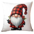 Housse de coussin blanche de Noël avec un gnome festif au motif à carreaux rouges - 45*45cm Peluche Courte Simple Face Sans Coeur / CRD16-8 (Gnome en Tenue à Carreaux)
