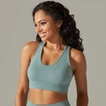 Light bean green seamless ribbed sports bra with wide straps for high-impact yoga - S / Tops / Blue Gray