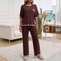 Ensemble tricoté deux pièces bordeaux élégant avec bordure contrastée et manches courtes - S / Marron