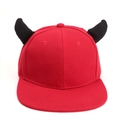 Flat brim red baseball cap with black devil horns and minimalist six-panel design - Red with Black Horns