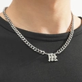 Silver Cuban link necklace with Gothic letter pendant worn by a male model - Silver Letter M