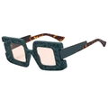 Square oversized sunglasses in dark green rock texture frame with leopard print arms - Green Frame Champagne Lens