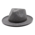 Detail of grey wool fedora hat featuring a thin black leather band with metallic studs - M (56-58cm) / Deep Heather Grey