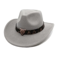 Detail of grey wool felt cowboy hat featuring bronze leopard head on black embossed band - M (56-58cm) / Light Gray