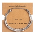 Double-layered stainless steel Morse code bracelet with crystals on Kraft card - I Love You Silver