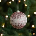 Pallina di Natale rosa con decorazione in pizzo bianco e glitter, diametro di 8cm - Rosa