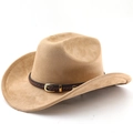 Classic khaki faux suede fedora with braided leather band and gold metallic buckle - M (56-58cm) / Dark Camel