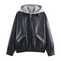 Damenjacke aus schwarzem Kunstleder mit grauer Strickkapuze und Reißverschluss - XS / Schwarz