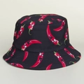 Detailed close-up of a black bucket hat with cartoon red chili pepper print and reinforced stitching - M (56-58cm) / Black
