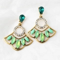 Vintage bohemian fan-shaped drop earrings with emerald green crystals in gold finish - Emerald Green Opal