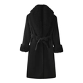 Women's black wool coat with faux fur collar, cuffs and waist belt on white background - S / Black