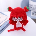 Red baby knit hat with strawberry ears and green leaf accents for infants - Red Strawberry - Lined