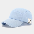Close-up of light blue mesh baseball cap with Outdoor Travel patch and fabric details - Light Blue