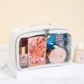 White PU and transparent PVC waterproof toiletry bag with heart zipper and top handle - Large / White