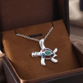 Silver sea turtle pendant necklace with vibrant red blue and green gems inlay - Large Multicolor Sea Turtle