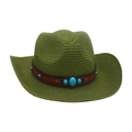 Chapeau de cowboy en paille vert olive avec ceinture décorative en cuir et pierres turquoise - Vert Armée