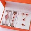 5-teiliges Set aus roségoldener Uhr und Schmuck mit roten Herz-Kristallen in Box - Roségold Roter Edelstein Set (Ohne Box)