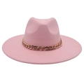 Detailed view of pink wide brim wool fedora hat with elegant rose gold chain strap - Adult (57-60cm) / Pink (Acrylic)