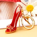 Elegant red high heel keychain pendant with sparkling crystals and golden floral accents - Red Peep Toe High Heels