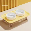 Lot de gamelles en céramique jaune citron surélevées avec support en bois ergonomique - Ensemble Table Double Bol en Céramique / Jaune Citron