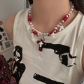 Gothic punk long beaded necklace with white pearls and a large dark red cross pendant - Dark Red Cross Style (DX0776)