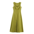 Abito lungo senza maniche verde oliva con scollo quadrato e bottoni frontali - XS / Verde Militare