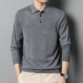 Classic men's long-sleeve knit Polo sweater in medium grey finish with three-button placket - M / Tops / Medium Grey