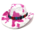 Detail of pink cow print plush cowboy hat with ethnic style colorful beaded band - M (56-58cm) / Heart Top / Rose Red Cow Print