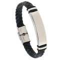 Men's braided leather bracelet with black and dark blue tones and silver steel plate - Black and Blue