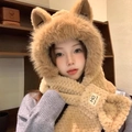 Winter cat ear hooded scarf set made of plush light brown faux fur for women - Khaki - [Fox Cat Ears]