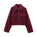 Detailed view of burgundy wool blend cropped jacket with flap pockets and metal zipper - XS / Burgundy