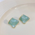 Elegant geometric square gold plated earrings with light green marble enamel inlay - Mint Green