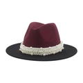 Detail of wool fedora with burgundy crown, black brim and decorative white pearl band - M(56-58cm) / Wine Red & Black