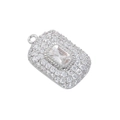 Close-up of silver rectangular pendant with large central zircon and paved stones - Platinum White Zirconia