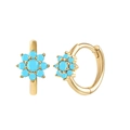 Golden flower huggie earrings with turquoise blue stones shown from dual front angles - Blue Turquoise
