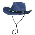 Detail of navy straw cowboy hat with turquoise gemstone leather band and chin strap - M (56-58cm) / Navy Blue
