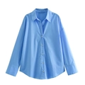 Classic sky blue long sleeve button-down poplin shirt for women with white buttons - Blue