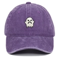 Close-up of angry ghost embroidery on purple washed denim vintage baseball cap - One Size / Purple